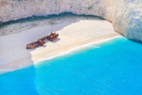 Navagio beach close up view, beautiful landscape of Zakinthos island, Greece, web banner format