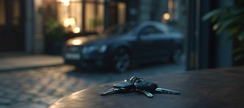 Car keys resting on entry table with parked car outside window