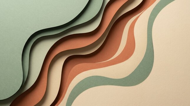 Abstract layered papercut topography background in comforting earthy tones with soft tactile 3D shadows
