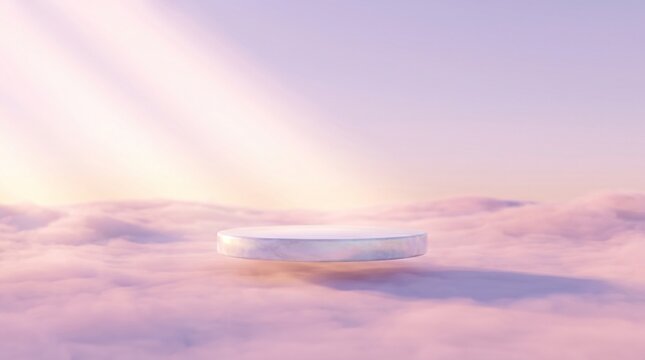Minimalist iridescent product display podium floating in a surreal pastel cloudscape with ample negative space
