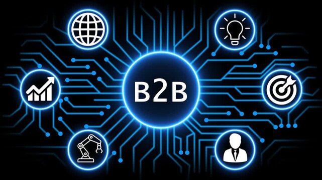 b2b concept with circuit lines and digital symbols hovering above a businessman, technology. manufacturing process management all connected in a digital circle like pattern.