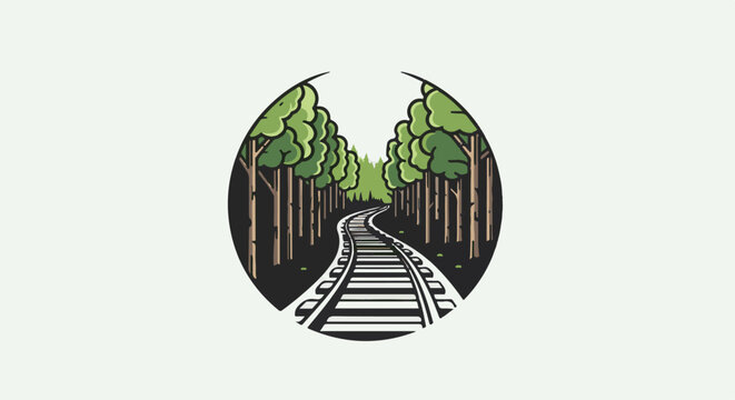 A curved train track winds through a forest of trees within a circle