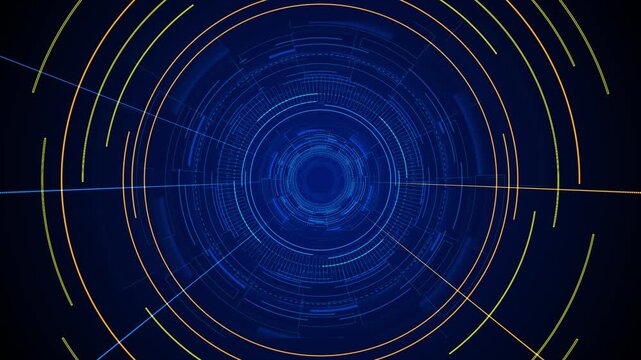 Blue circular HUD interface tunnel glowing rings, radial gauges, orange guide lines, deep tech perspective. cyber , data screens, science intros, dashboard visuals, software demos, digital overlays.