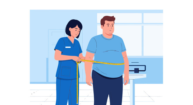 Doctor measuring overweight man's waistline for health checkup
