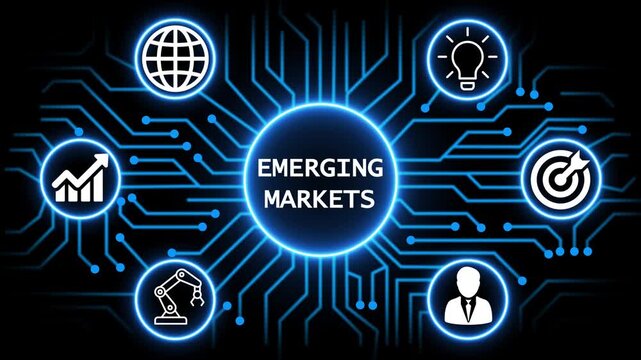 emerging markets concept with circuit lines and digital symbols hovering above a businessman, technology. manufacturing process management all connected in a digital circle like pattern.