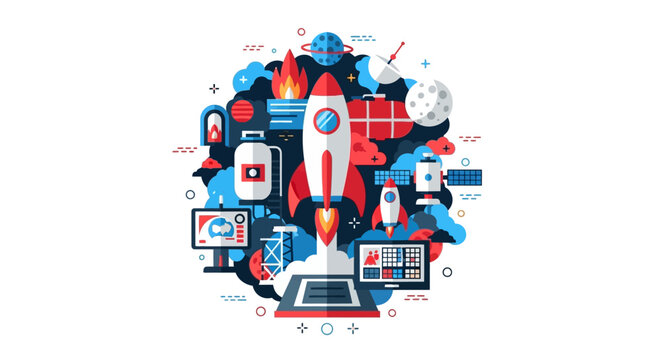 Creative Rocket Launch and Space Exploration Flat Design Illustration with Planets and Satellite Icons