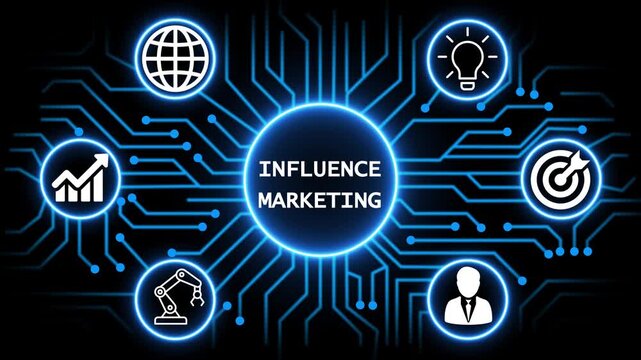 influence marketing concept with circuit lines and digital symbols hovering above a businessman, technology. manufacturing process management all connected in a digital circle like pattern.