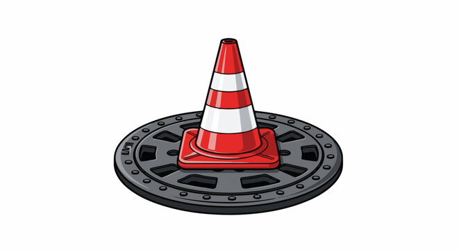 A red and white striped traffic cone sits on a circular metal grate