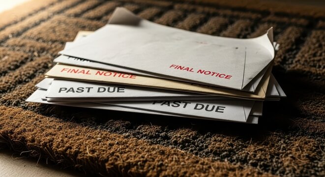 Stack of past due and final notice letters lies on a doormat.
