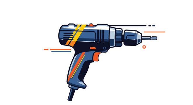 Modern handheld electric power drill in black, orange, and blue colors for DIY home improvement and construction.