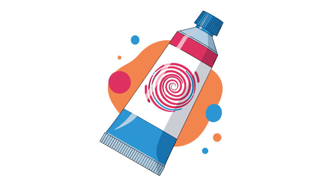 Colorful tube of toothpaste or gel with a blue and red design on a background of abstract orange shapes for dental hygiene themes.