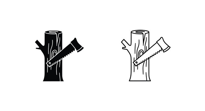 Woodcutting tools an axe and saw embedded in tree trunks black and white illustration