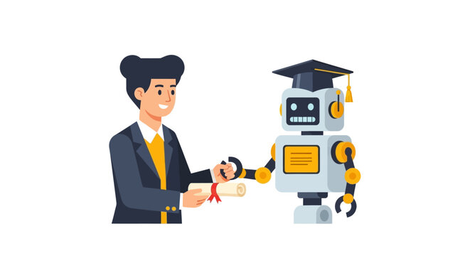 AI Education and Machine Learning Concept: Woman Presenting Graduation Diploma to a Smart Robot