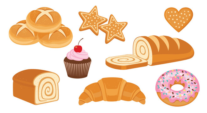 Selection of various delicious bakery products including bread rolls, croissants, doughnuts, muffins, and star-shaped cookies.