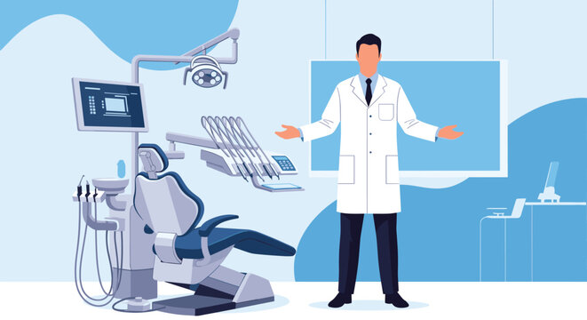 Professional male dentist in a white lab coat standing in a modern dental office next to a blue patient chair and medical equipment.
