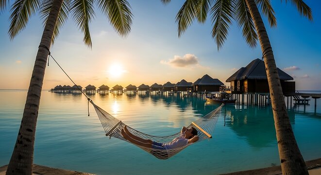 Person relaxing in a hammock over turquoise water at a tropical sunset