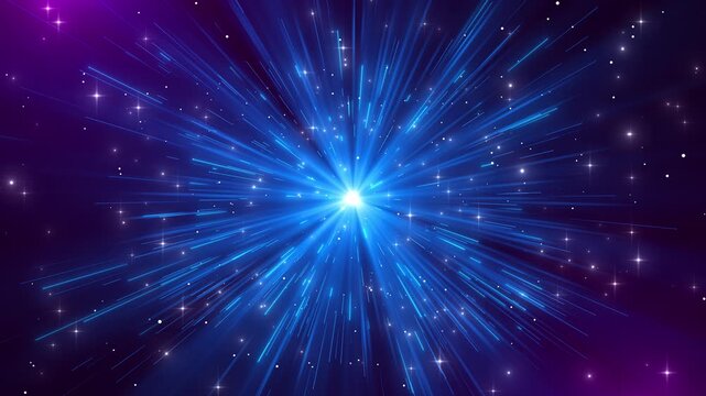 Blue star burst background bright flare, fast light rays, white sparkles, purple cosmic space. transition , energy reveals, science intros, magical titles, event promos, and dynamic motion overlays.