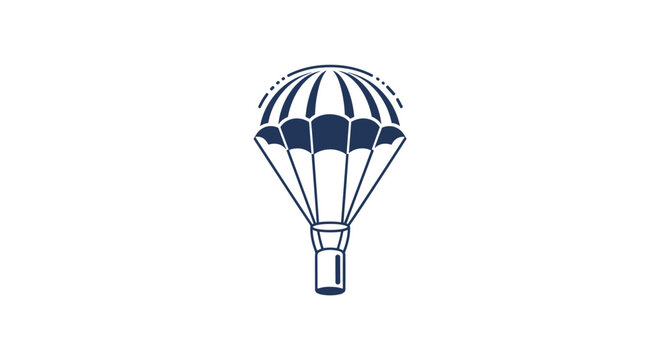 Simple parachute icon with a small cargo box shown in a clean navy blue line art style isolated on a white background.