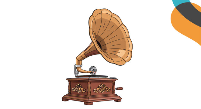 Vintage gramophone with a large brass horn and ornate wooden base shown in a detailed and colorful vector illustration.