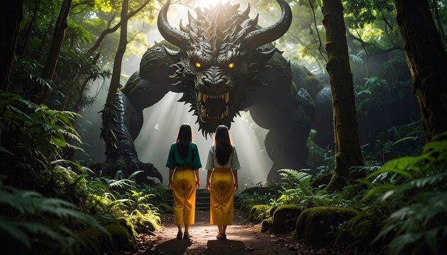 Two figures face a colossal beast within a sunlit forest. Green foliage surrounds the path they are walking