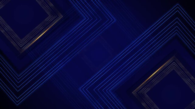 Dark blue geometric line background diagonal square frames, gold highlights, outlines, premium abstract style. corporate videos, luxury intros, tech promos, slideshow titles, modern motion overlays.