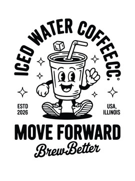 Black and white cartoon iced coffee cup character with arms and legs waving