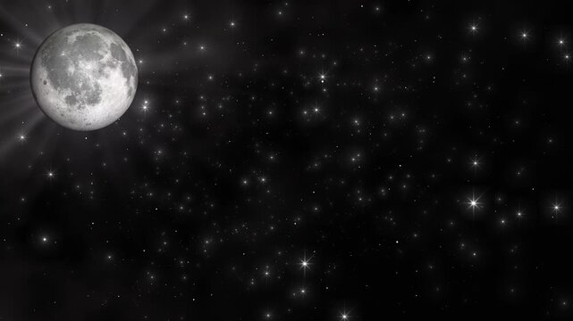 Moon and stars night background silver lunar glow, sky, light rays, and peaceful empty space. bedtime videos, spiritual scenes, astronomy titles, fantasy intros, cinematic overlays, dreamy loops.