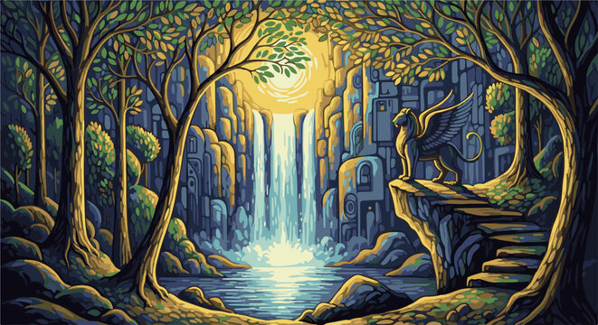 A mystical griffin guards a sunlit waterfall cascading into a serene pool