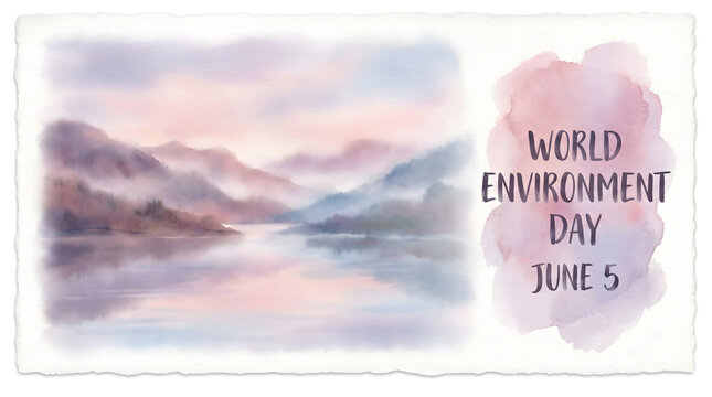 World Environment Day June 5 Watercolor Mountain Lake Misty Pastel Landscape Painting Card