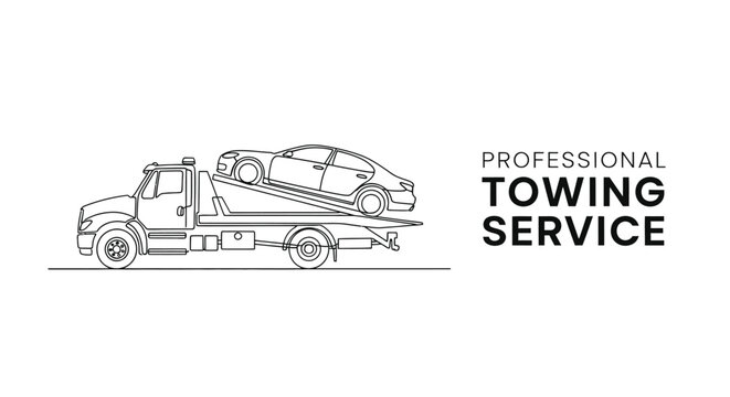 Professional towing service line art with flatbed truck and disabled car