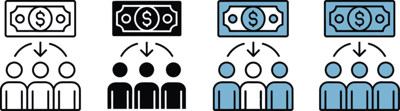 Crowdfunding icon set, multiple style collection vector illustration for fundraising, donation, community support, investment and startup funding design elements.