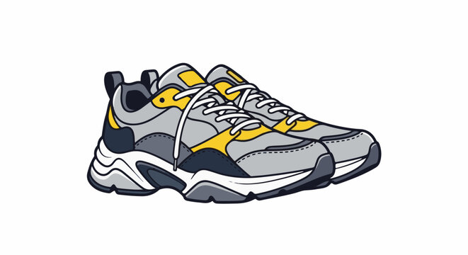 A pair of grey and yellow athletic shoes with white laces