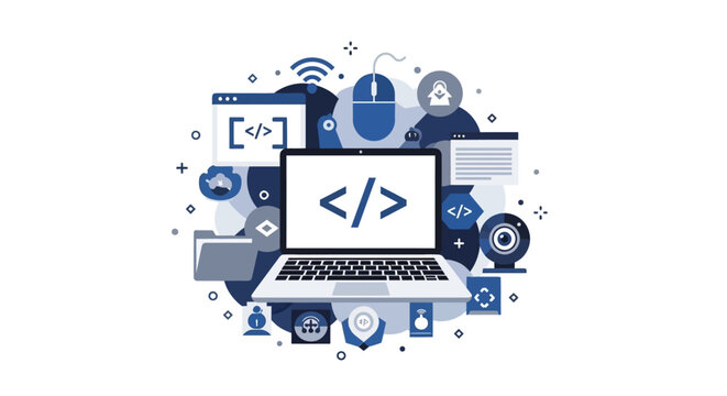 Software Development and Web Design Flat Illustration Concept with Laptop, Code Symbols, and Digital Technology Icons