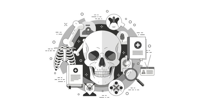 Forensic Science Concept Illustration Featuring Human Skull, Skeleton Parts, and Medical Research Icons for Pathology and Osteology Education