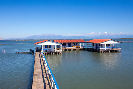 Traditional wooden stilt houses on a pier in Messolonghi lagoon, Tourlida, Greece