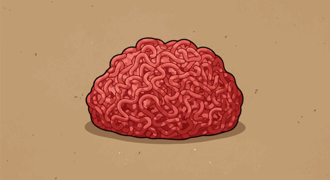 A pile of red, pixelated ground meat on a textured brown background