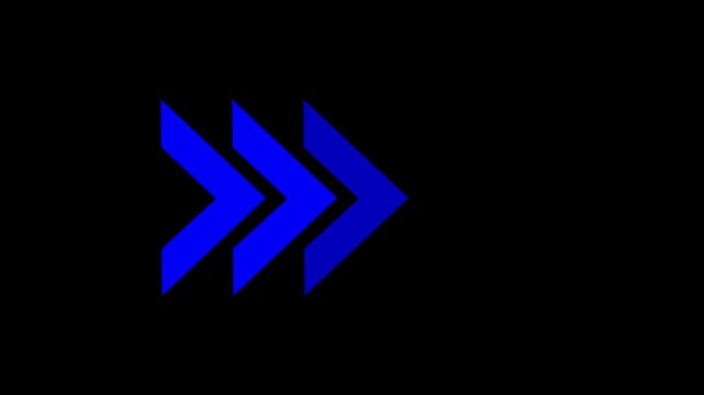 blue arrow moving right on black background.4k animation video on black background