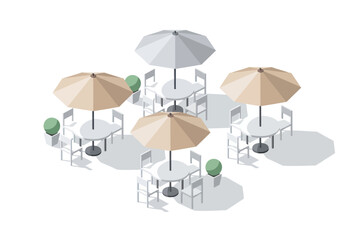 Outdoor Cafe Tables with Umbrellas and Chairs, Isometric View © khimsa