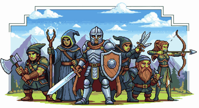 A pixel art adventure party with warriors, archers, and mages in mountains