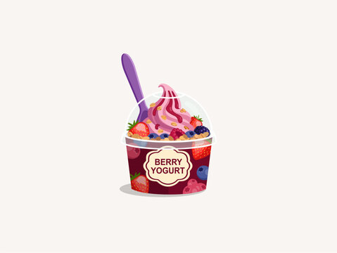 Strawberry and Raspberry Frozen Yogurt Parfait in Plastic Container Illustration