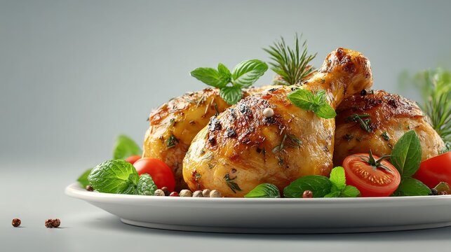 Golden roasted chicken drumsticks garnished with fresh basil, rosemary and cherry tomatoes on a white plate. Perfectly crispy skin and juicy meat.