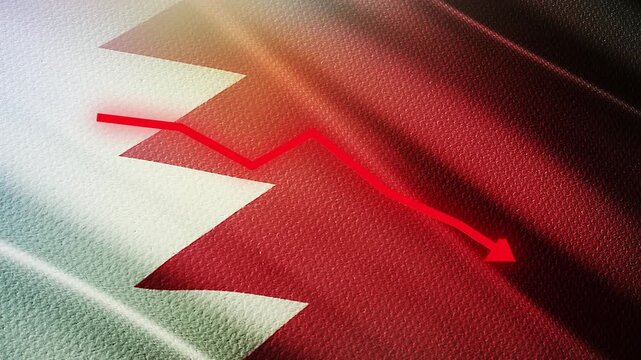 Bahrain Flag with Red Financial Graph Chart &ndash; Economic Decline, Market Crisis and Inflation Concept