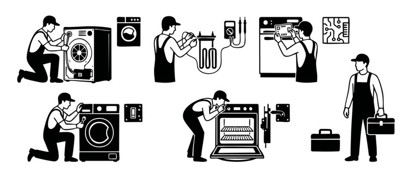 Appliance Repair Technician Icons Set, Home Maintenance Services Illustration, Handyman Fixing Washing Machine Oven and Dishwasher, Professional Repairman Vector Graphics for Technical Support and Mai