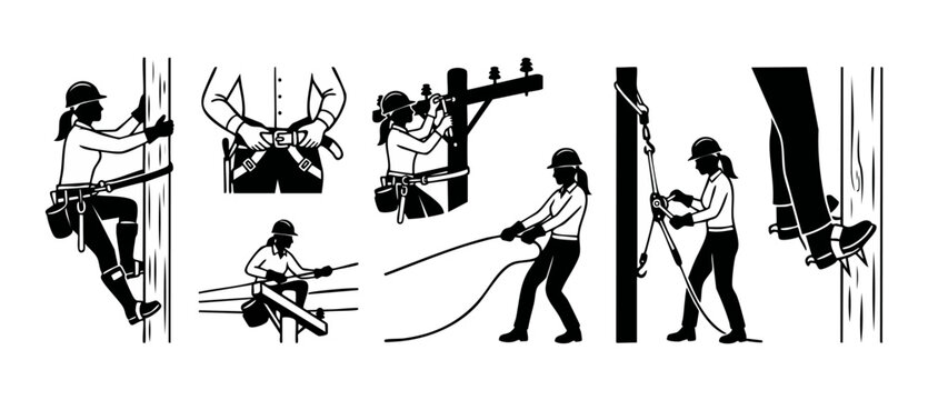 Lineman woman worker icon set, electrical power line maintenance, safety equipment and utility technician climbing utility pole in silhouette black and white vector illustration collection for industr
