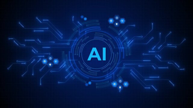 Blue AI circuit interface background artificial intelligence symbol, glowing nodes, HUD rings, icon panels, clean data lines. machine learning automation promos, software intros, futuristic overlays.