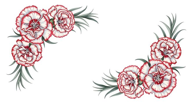 Red and white carnation flower corner frame for wedding card design