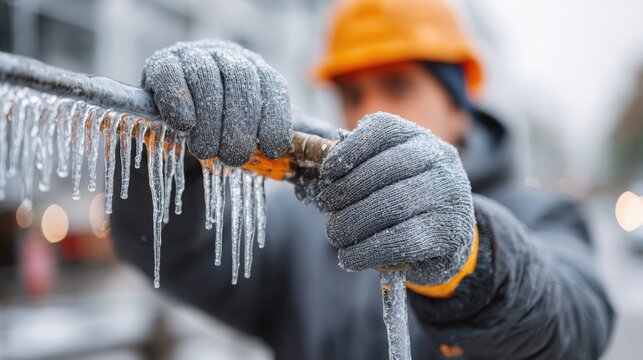 Worker in orange hard hat and gray gloves grips icy pipe with icicles, blurred urban background indicating cold weather and winter conditions