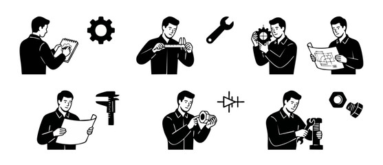 Engineer and technician set vector icons, mechanical design and technical inspection, industrial planning process with tools, blueprints, and gear components, flat black silhouette isolated on white b © Dinali