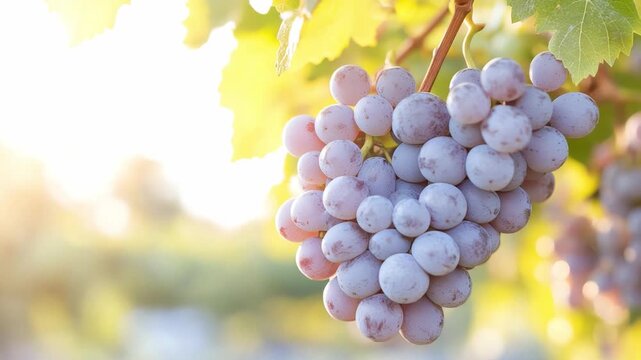 Grape Vine's Delicate Bloom: A close-up captures a luscious cluster of ripe grapes, basking in the soft, ethereal glow of sunlight.