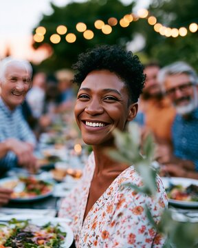 Diverse group of friends enjoying a meal outdoors at sunset, featuring a smiling African woman in a floral dress with blurred background of other diners and string lights